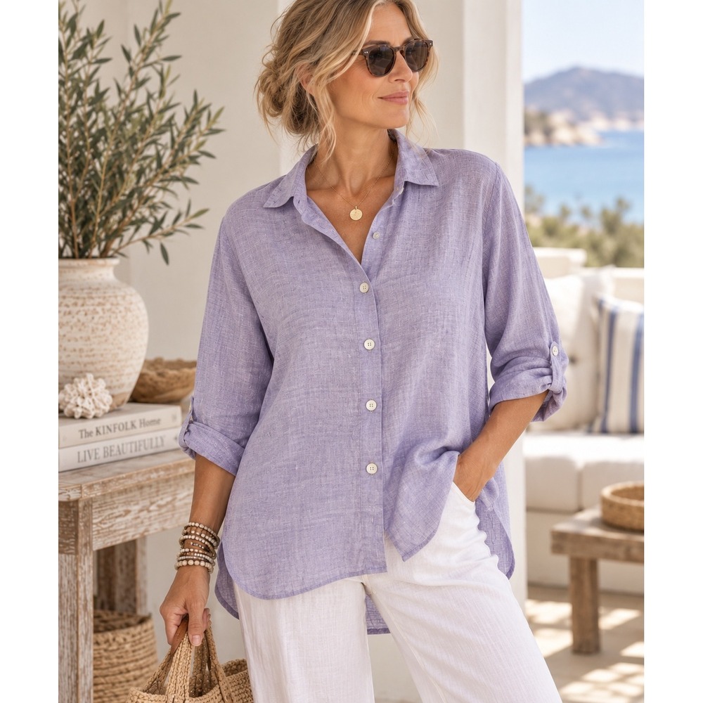 Habitat Purple Linen Cotton Button Down Shirt 3/4 Sleeve Blouse Womens Large